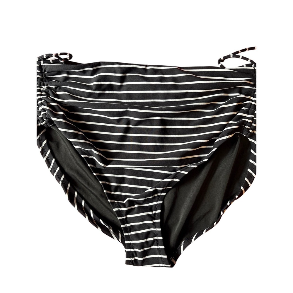 CALIA Womens Stripe Black Ruched Side Rise Swimsuit Bikini Bottom‎